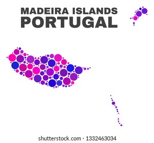 Mosaic Madeira Islands map isolated on a white background. Vector geographic abstraction in pink and violet colors. Mosaic of Madeira Islands map combined of random circle elements.