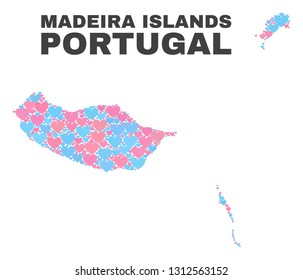 Mosaic Madeira Islands map of lovely hearts in pink and blue colors isolated on a white background. Lovely heart collage in shape of Madeira Islands map. Abstract design for Valentine illustrations.