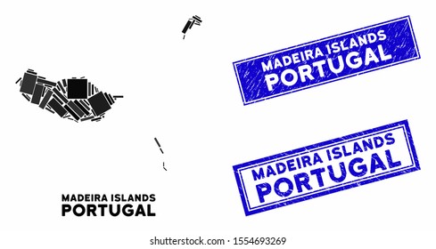 Mosaic Madeira Islands map and rectangle stamps. Flat vector Madeira Islands map mosaic of random rotated rectangle items. Blue caption rubber stamps with distress surface.