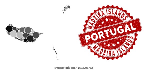 Mosaic Madeira Islands map and round rubber print. Flat vector Madeira Islands map mosaic of randomized spheric items. Red rubber stamp with rubber surface.