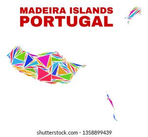 Mosaic Madeira Islands map of triangles in bright colors isolated on a white background. Triangular collage in shape of Madeira Islands map. Abstract design for patriotic decoration.