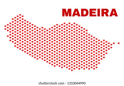 Mosaic Madeira map of heart hearts in red color isolated on a white background. Regular red heart pattern in shape of Madeira map. Abstract design for Valentine illustrations.