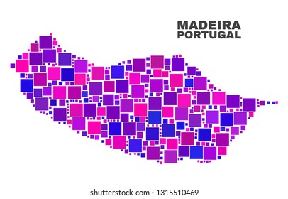 Mosaic Madeira map isolated on a white background. Vector geographic abstraction in pink and violet colors. Mosaic of Madeira map combined of scattered square items.
