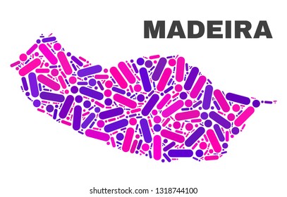 Mosaic Madeira map isolated on a white background. Vector geographic abstraction in pink and violet colors. Mosaic of Madeira map combined of scattered round dots and lines.