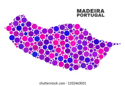 Mosaic Madeira map isolated on a white background. Vector geographic abstraction in pink and violet colors. Mosaic of Madeira map combined of scattered round items.