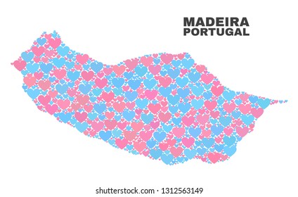 Mosaic Madeira map of lovely hearts in pink and blue colors isolated on a white background. Lovely heart collage in shape of Madeira map. Abstract design for Valentine illustrations.