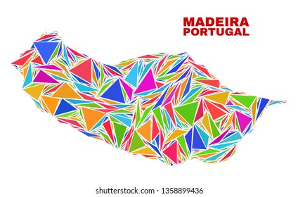 Mosaic Madeira map of triangles in bright colors isolated on a white background. Triangular collage in shape of Madeira map. Abstract design for patriotic decoration.