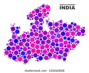 Mosaic Madhya Pradesh State map isolated on a white background. Vector geographic abstraction in pink and violet colors. Mosaic of Madhya Pradesh State map combined of random circle points.