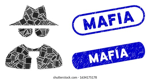 Mosaic mafia boss and distressed stamp seals with Mafia phrase. Mosaic vector mafia boss is formed with random rectangle items. Mafia stamp seals use blue color, and have round rectangle shape.