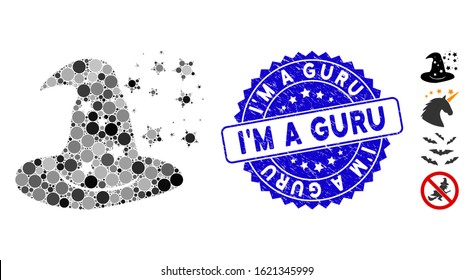 Mosaic magic hat icon and grunge stamp watermark with I'M a Guru text. Mosaic vector is created from magic hat icon and with random spheric items. I'M a Guru stamp uses blue color,