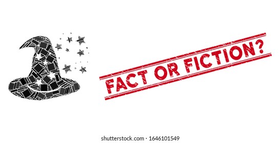 Mosaic magic hat pictogram and red Fact or Fiction Question stamp between double parallel lines. Flat vector magic hat mosaic icon of random rotated rectangle items.