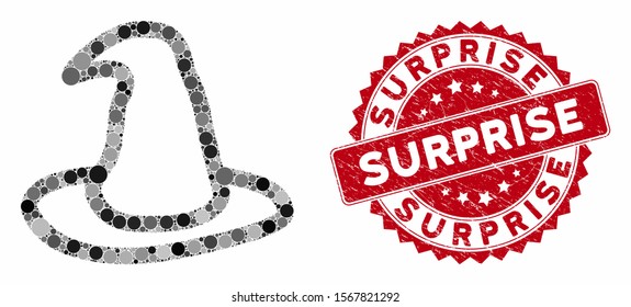 Mosaic magic hat and rubber stamp watermark with Surprise caption. Mosaic vector is composed from magic hat icon and with random round spots. Surprise stamp seal uses red color, and rubber texture.