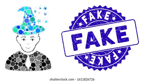 Mosaic magic master icon and corroded stamp seal with Fake text. Mosaic vector is created with magic master pictogram and with randomized round spots. Fake stamp seal uses blue color,