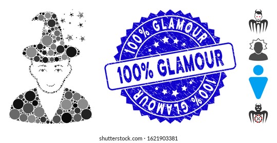 Mosaic magic master icon and grunge stamp seal with 100% Glamour caption. Mosaic vector is created with magic master icon and with randomized round items. 100% Glamour stamp seal uses blue color,