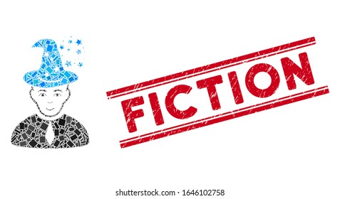 Mosaic magic master pictogram and red Fiction seal stamp between double parallel lines. Flat vector magic master mosaic pictogram of scattered rotated rectangle items.