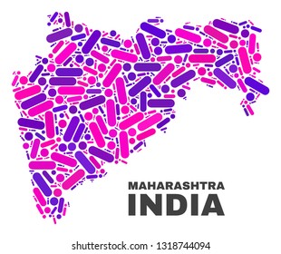 Mosaic Maharashtra State map isolated on a white background. Vector geographic abstraction in pink and violet colors. Mosaic of Maharashtra State map combined of random round dots and lines.