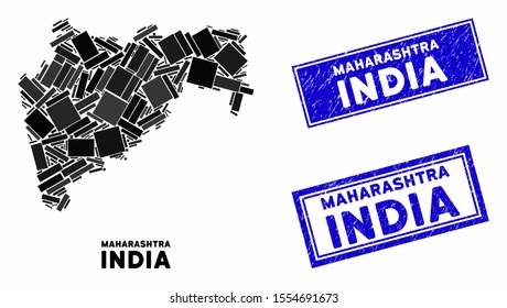 Mosaic Maharashtra State map and rectangular seal stamps. Flat vector Maharashtra State map mosaic of random rotated rectangular elements. Blue caption stamps with dirty texture.