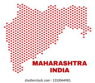 Mosaic Maharashtra State map of valentine hearts in red color isolated on a white background. Regular red heart pattern in shape of Maharashtra State map. Abstract design for Valentine illustrations.