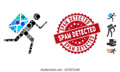 Mosaic mail courier icon and corroded stamp seal with Spam Detected text. Mosaic vector is composed with mail courier pictogram and with randomized round elements.