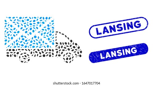 Mosaic mail delivery car and rubber stamp seals with Lansing text. Mosaic vector mail delivery car is formed with randomized elliptic spots. Lansing stamp seals use blue color,