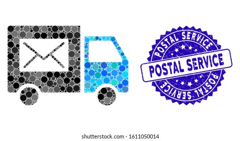 Mosaic mail delivery van icon and grunge stamp watermark with Postal Service phrase. Mosaic vector is composed with mail delivery van icon and with randomized spheric items.