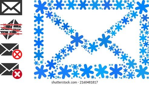 Mosaic mail envelope icon is constructed for winter, New Year, Christmas. Mail envelope icon mosaic is done from light blue ice crystals. Some bonus icons are added.