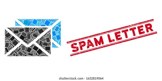 Mosaic mail envelopes icon and red Spam Letter watermark between double parallel lines. Flat vector mail envelopes mosaic icon of randomized rotated rectangular items.