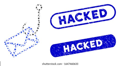 Mosaic mail phishing hook and rubber stamp seals with Hacked text. Mosaic vector mail phishing hook is created with scattered ellipse items. Hacked stamp seals use blue color,