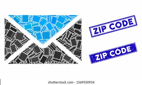 Mosaic mail pictogram and rectangular seals. Flat vector mail mosaic pictogram of scattered rotated rectangular items. Blue caption rubber seals with corroded surface.