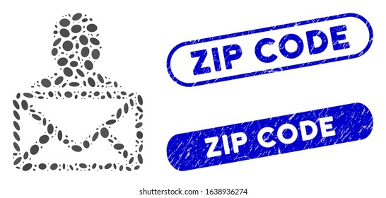 Mosaic mail recipient and grunge stamp seals with Zip Code caption. Mosaic vector mail recipient is composed with randomized oval spots. Zip Code stamp seals use blue color,