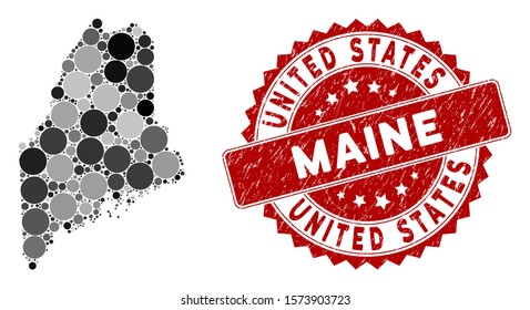 Mosaic Maine State map and circle stamp. Flat vector Maine State map mosaic of randomized circle items. Red seal stamp with rubber design. Designed for political and patriotic purposes.