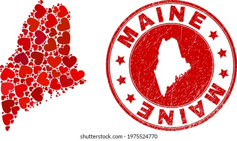 Mosaic Maine State map formed with red love hearts, and rubber seal stamp. Vector lovely round red rubber stamp imprint with Maine State map inside.