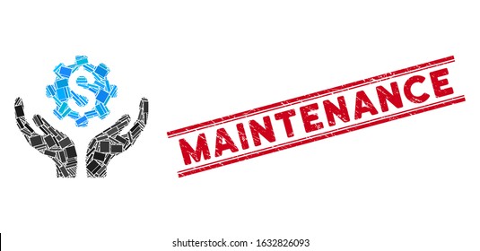 Mosaic maintenance price icon and red Maintenance rubber print between double parallel lines. Flat vector maintenance price mosaic icon of random rotated rectangle elements.