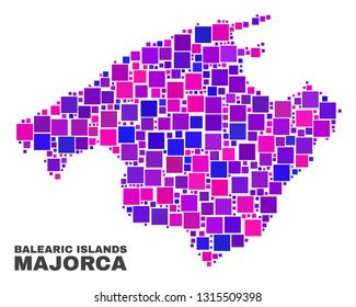 Mosaic Majorca map isolated on a white background. Vector geographic abstraction in pink and violet colors. Mosaic of Majorca map combined of scattered square elements.