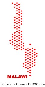 Mosaic Malawi map of heart hearts in red color isolated on a white background. Regular red heart pattern in shape of Malawi map. Abstract design for Valentine decoration.