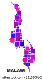 Mosaic Malawi map isolated on a white background. Vector geographic abstraction in pink and violet colors. Mosaic of Malawi map combined of scattered square elements.