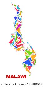 Mosaic Malawi map of triangles in bright colors isolated on a white background. Triangular collage in shape of Malawi map. Abstract design for patriotic illustrations.