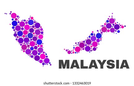 Mosaic Malaysia map isolated on a white background. Vector geographic abstraction in pink and violet colors. Mosaic of Malaysia map combined of scattered round elements.