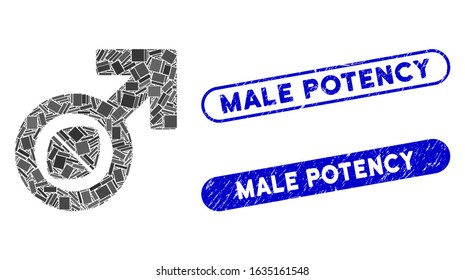 Mosaic male potency tablet and corroded stamp seals with Male Potency phrase. Mosaic vector male potency tablet is composed with scattered rectangle items. Male Potency stamp seals use blue color,