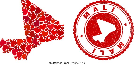 Mosaic Mali map designed with red love hearts, and rubber stamp. Vector lovely round red rubber seal imprint with Mali map inside. Geographic abstraction of Mali map with red valentine symbols.