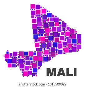 Mosaic Mali map isolated on a white background. Vector geographic abstraction in pink and violet colors. Mosaic of Mali map combined of random square elements.