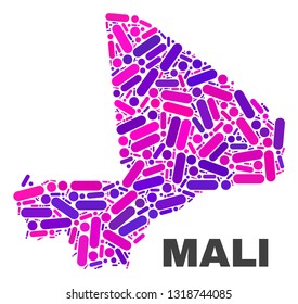 Mosaic Mali map isolated on a white background. Vector geographic abstraction in pink and violet colors. Mosaic of Mali map combined of random circle dots and lines.