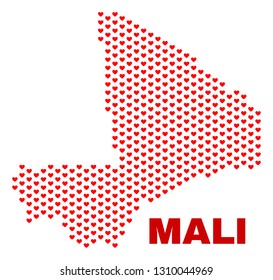 Mosaic Mali map of love hearts in red color isolated on a white background. Regular red heart pattern in shape of Mali map. Abstract design for Valentine illustrations.