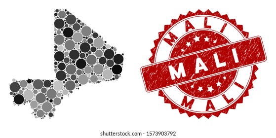 Mosaic Mali map and round seal. Flat vector Mali map mosaic of random round items. Red rubber seal with rubber design. Designed for political and patriotic promotion.