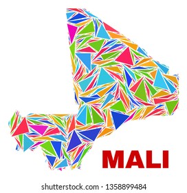 Mosaic Mali map of triangles in bright colors isolated on a white background. Triangular collage in shape of Mali map. Abstract design for patriotic illustrations.