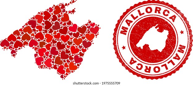 Mosaic Mallorca map designed from red love hearts, and rubber stamp. Vector lovely round red rubber stamp imitation with Mallorca map inside.