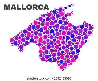 Mosaic Mallorca map isolated on a white background. Vector geographic abstraction in pink and violet colors. Mosaic of Mallorca map combined of random spheric dots.