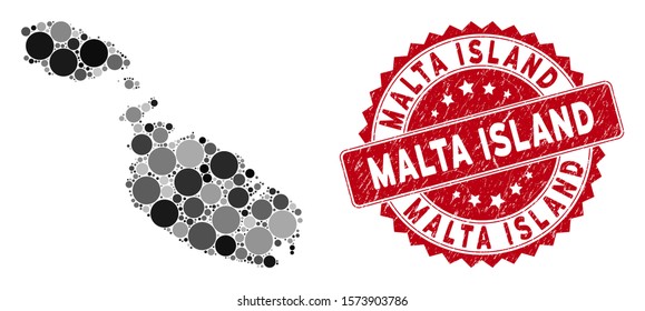 Mosaic Malta Island map and circle seal stamp. Flat vector Malta Island map mosaic of scattered circle elements. Red stamp imprint with dirty texture. Designed for political and patriotic doctrines.