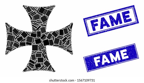 Mosaic Maltese cross pictogram and rectangular seal stamps. Flat vector Maltese cross mosaic pictogram of scattered rotated rectangular elements. Blue caption stamps with distress surface.
