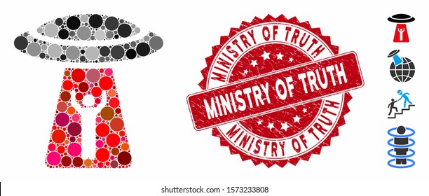 Mosaic man abduction UFO icon and corroded stamp seal with Ministry of Truth phrase. Mosaic vector is designed with man abduction UFO icon and with random circle items.
